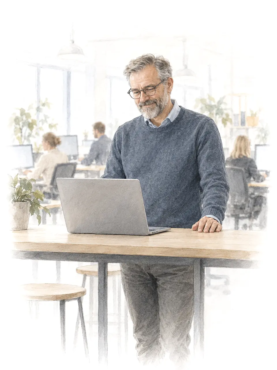 Drawing: an operations manager checks his laptop at a high table in an open-plan office.