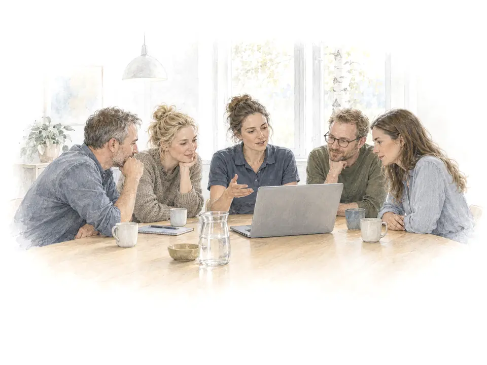 Drawing: in a team meeting, a colleague turns her laptop so the others can see what she did.