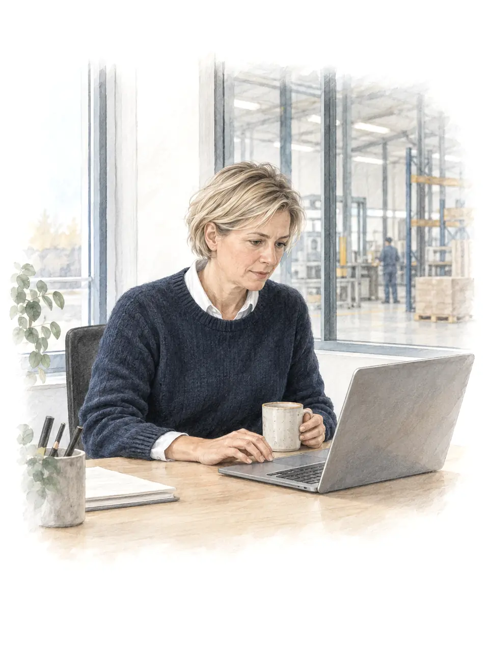 Drawing: a production planner works at her laptop in an office beside the factory hall.