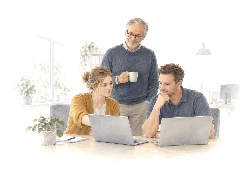 Drawing: two colleagues at their laptops, one showing the other something, while the owner looks on with a cup of coffee.