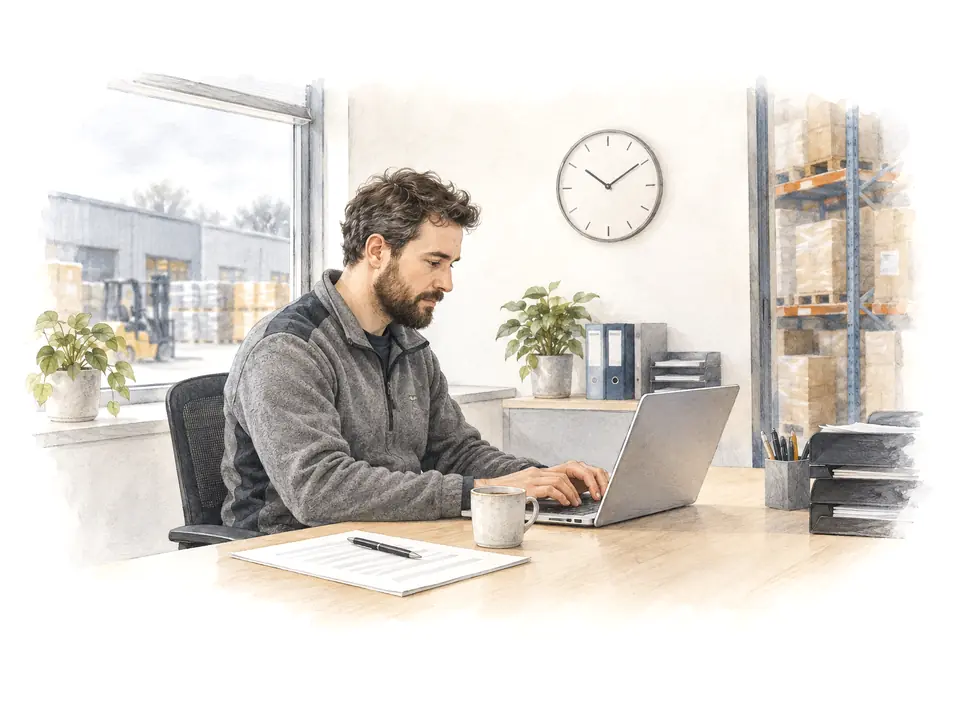 Drawing: a warehouse coordinator works on his own task at his desk, a plain wall clock above him.